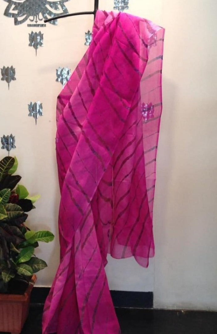 Pink digital liner print organza saree