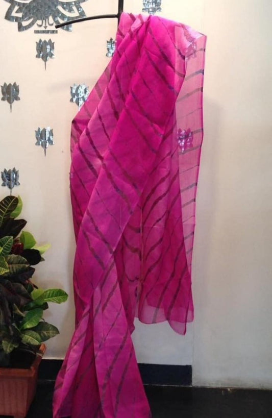 Pink digital liner print organza saree