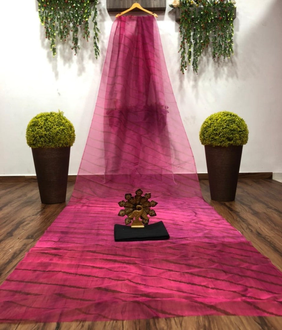 Pink digital liner print organza saree
