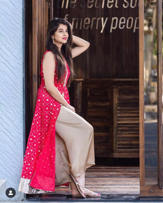 Pink digital satain georgette beautiful plazzo suit