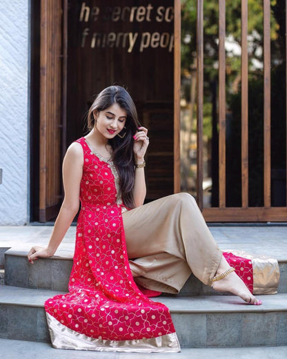 Pink digital satain georgette beautiful plazzo suit