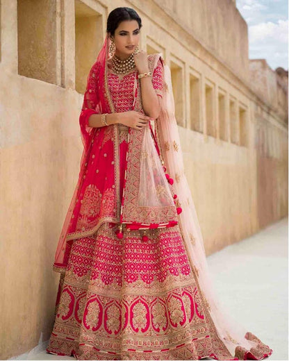 pink dola silk designer heavy embroidered bridal wedding lehenga