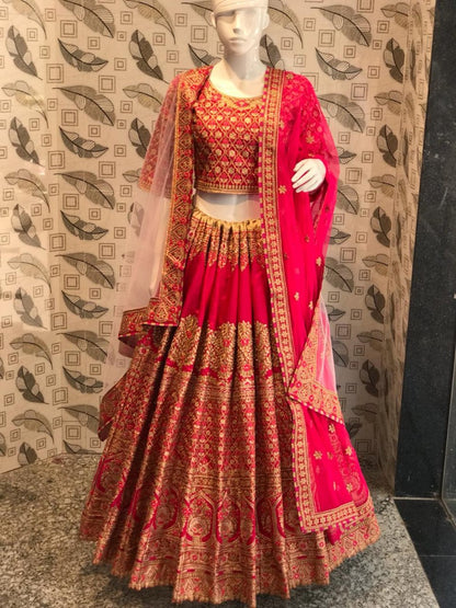 pink dola silk designer heavy embroidered bridal wedding lehenga