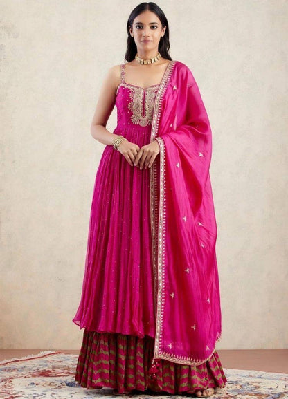Pink embroidery sequence and moti work gown with sharara