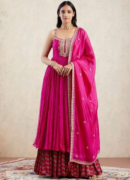 Pink embroidery sequence and moti work gown with sharara