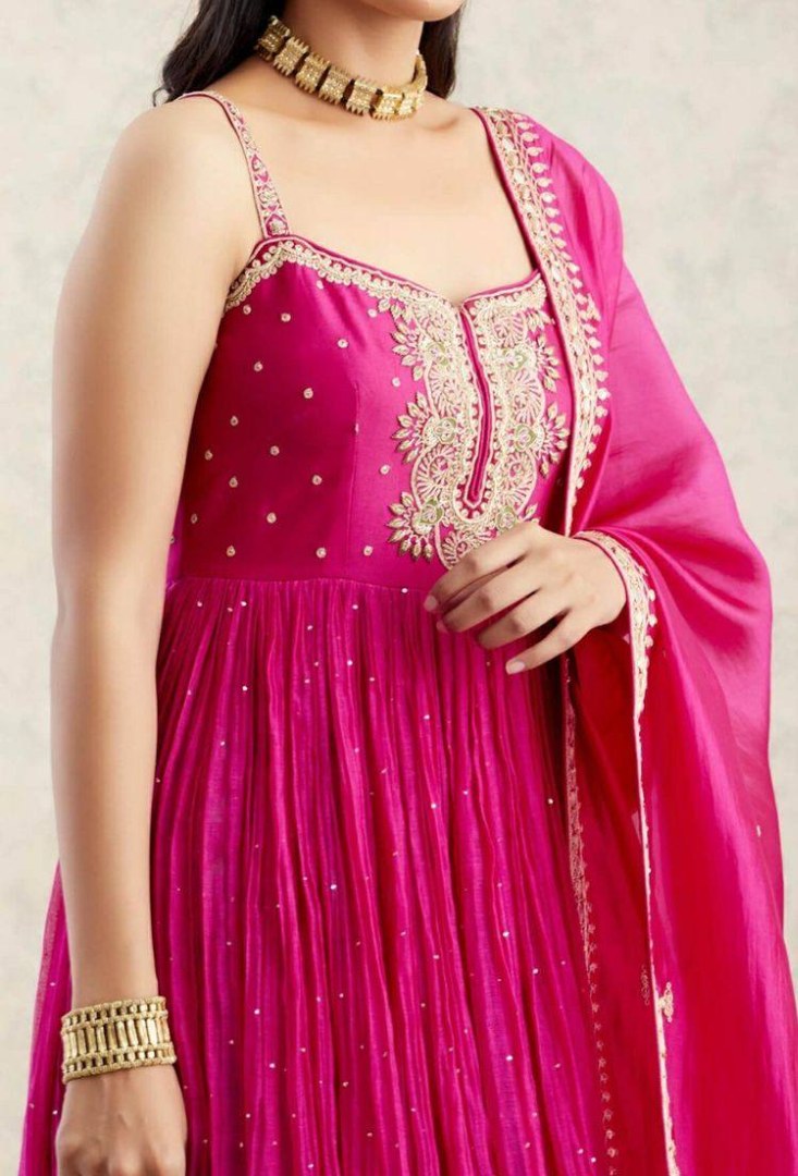 Pink embroidery sequence and moti work gown with sharara