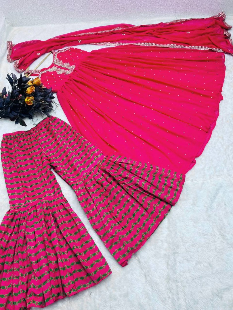 Pink embroidery sequence and moti work gown with sharara