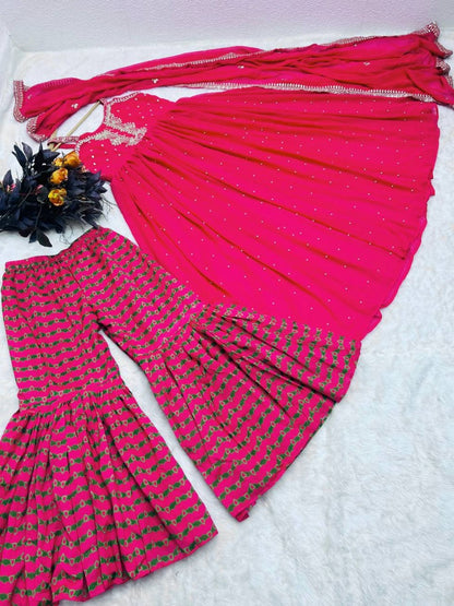 Pink embroidery sequence and moti work gown with sharara