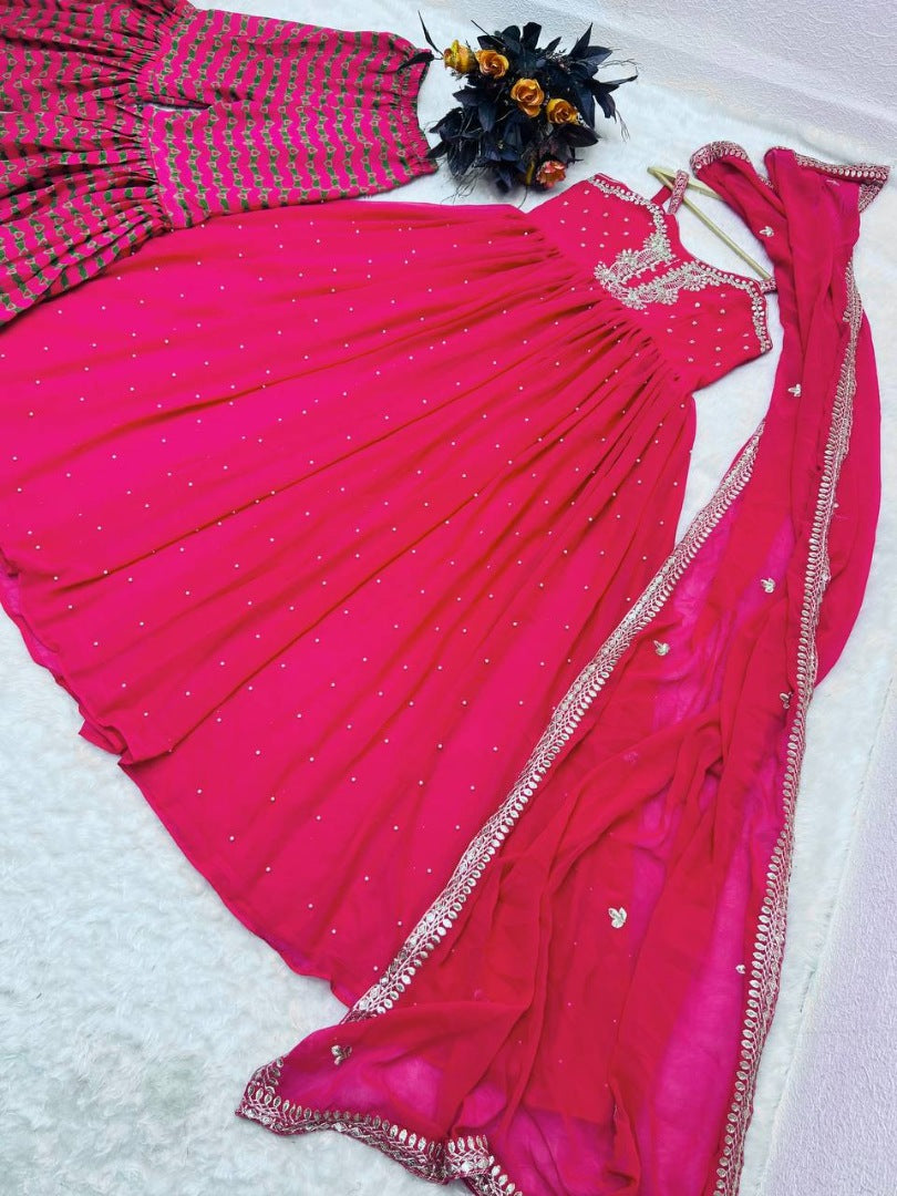 Pink embroidery sequence and moti work gown with sharara