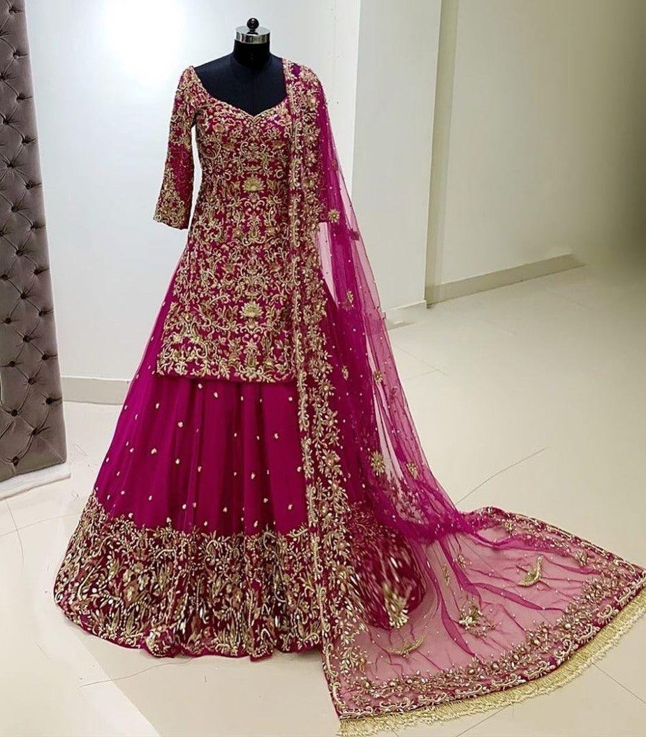 Pink embroidery work lehenga suit