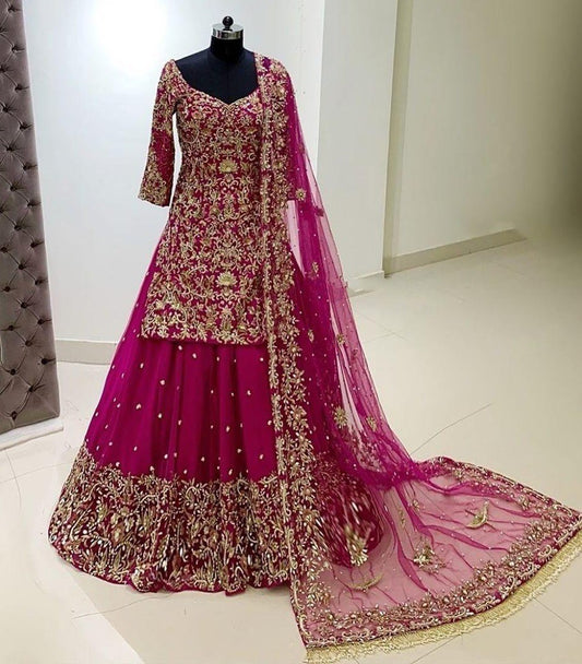 Pink embroidery work lehenga suit
