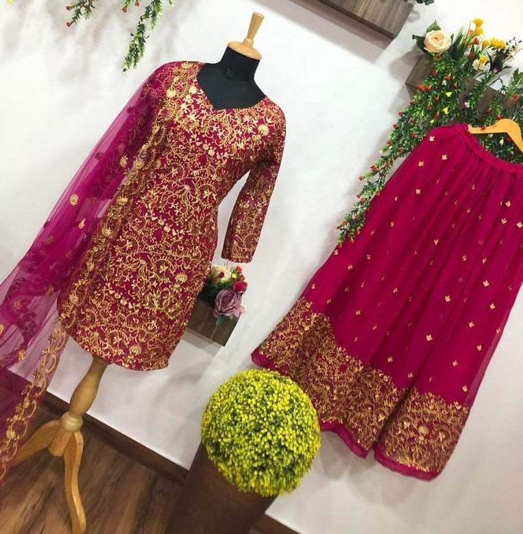 Pink embroidery work lehenga suit