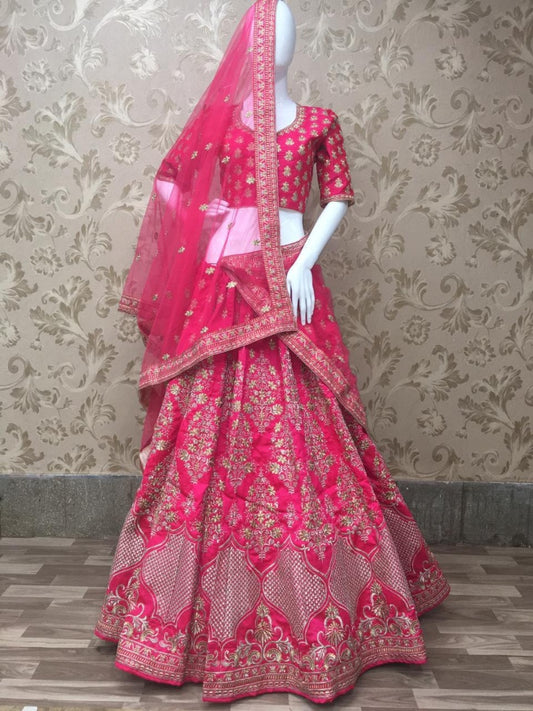 Pink fantum silk designer heavy embroidered wedding lehenga choli