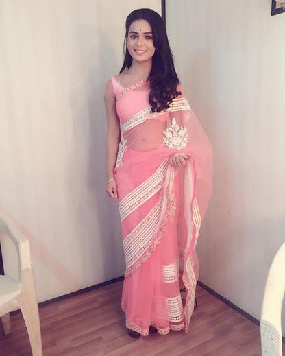 pink faux georgette embroidered ceremonial saree