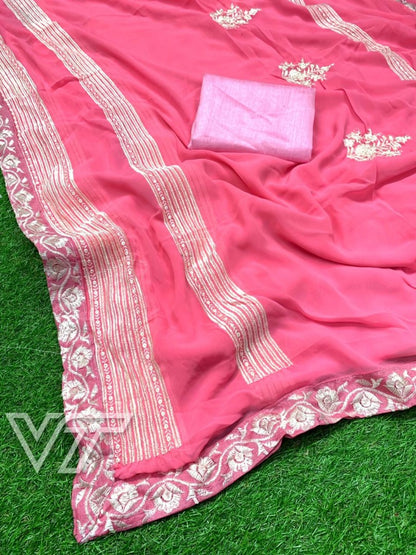 pink faux georgette embroidered ceremonial saree