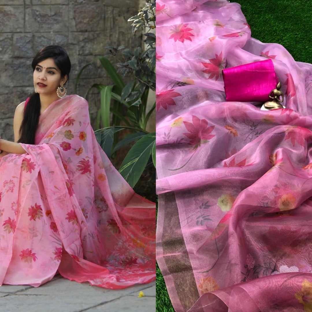 pink floral digital printed pure orgenza saree