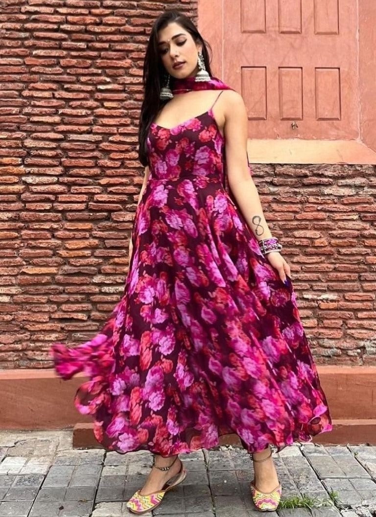 Pink floral printed party wear gown