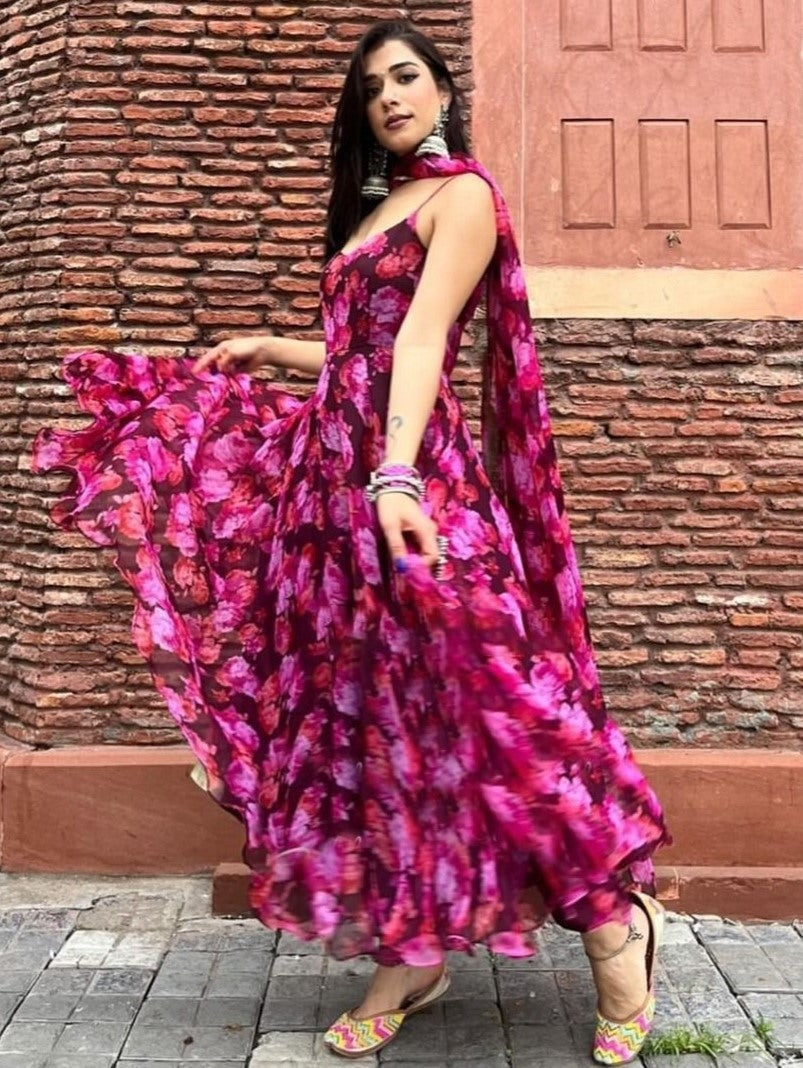 Pink floral printed party wear gown