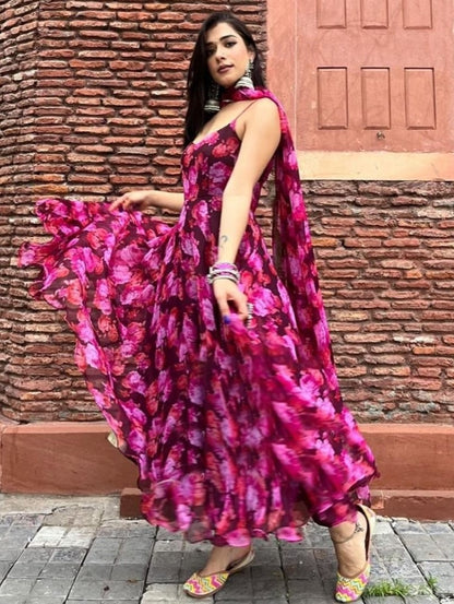 Pink floral printed party wear gown