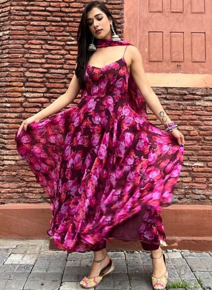 Pink floral printed party wear gown