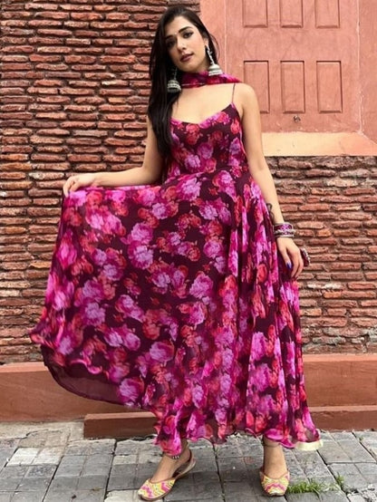 Pink floral printed party wear gown