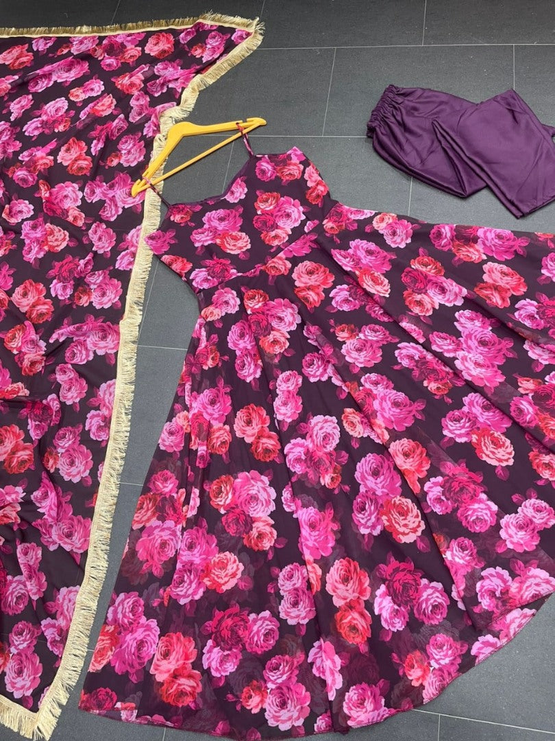 Pink floral printed party wear gown
