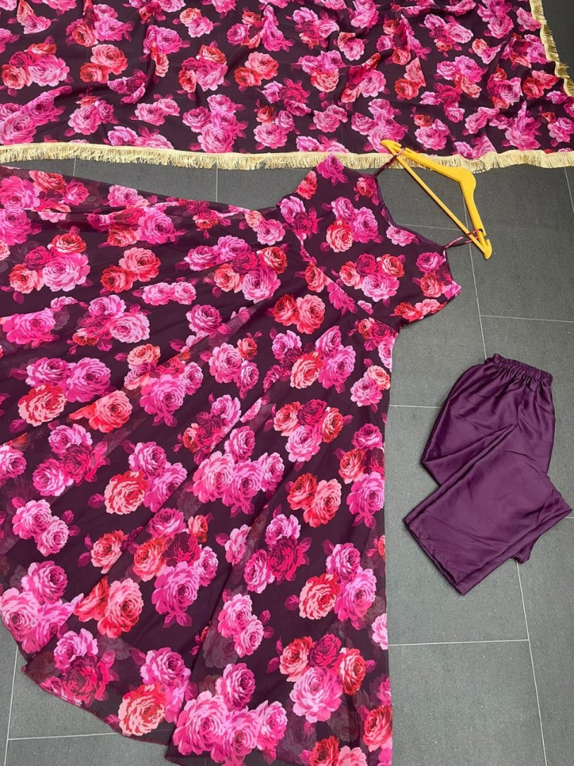 Pink floral printed party wear gown