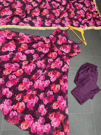 Pink floral printed party wear gown