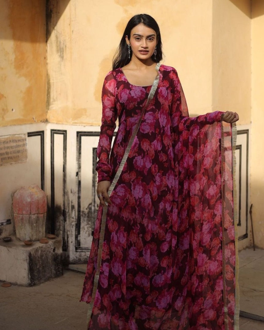Pink floral printed party wear gown