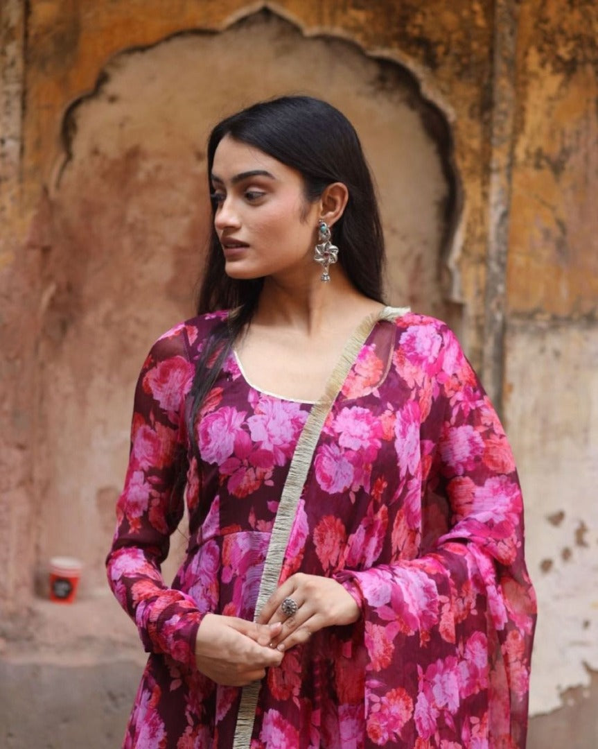 Pink floral printed party wear gown