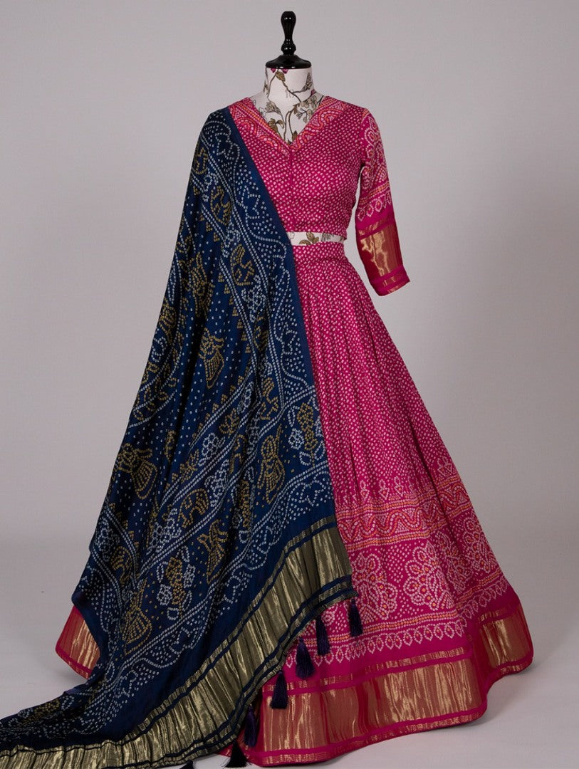 Pink gaji silk bandhni printed designer navratri lehenga choli