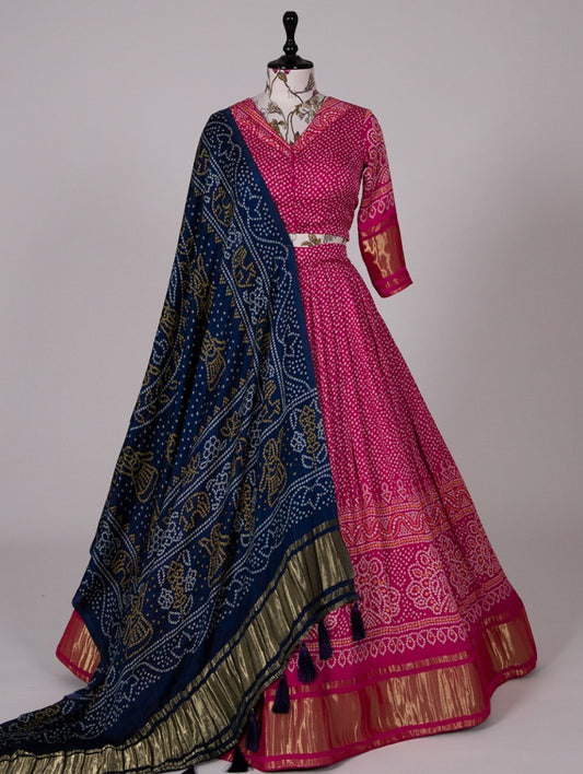 Pink gaji silk bandhni printed designer navratri lehenga choli