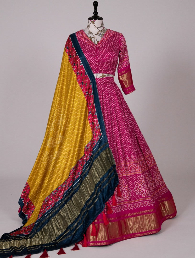 Pink gaji silk bandhni printed designer navratri lehenga choli
