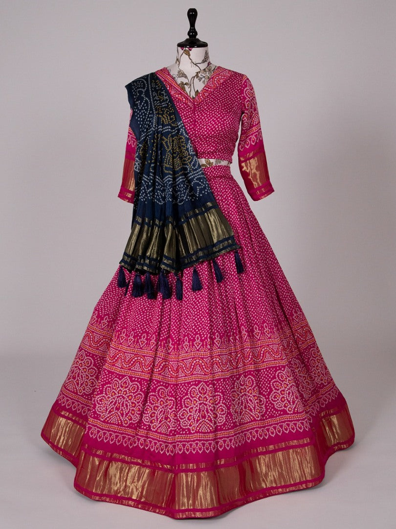 Pink gaji silk bandhni printed designer navratri lehenga choli