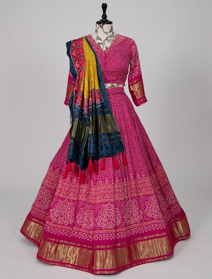 Pink gaji silk bandhni printed designer navratri lehenga choli