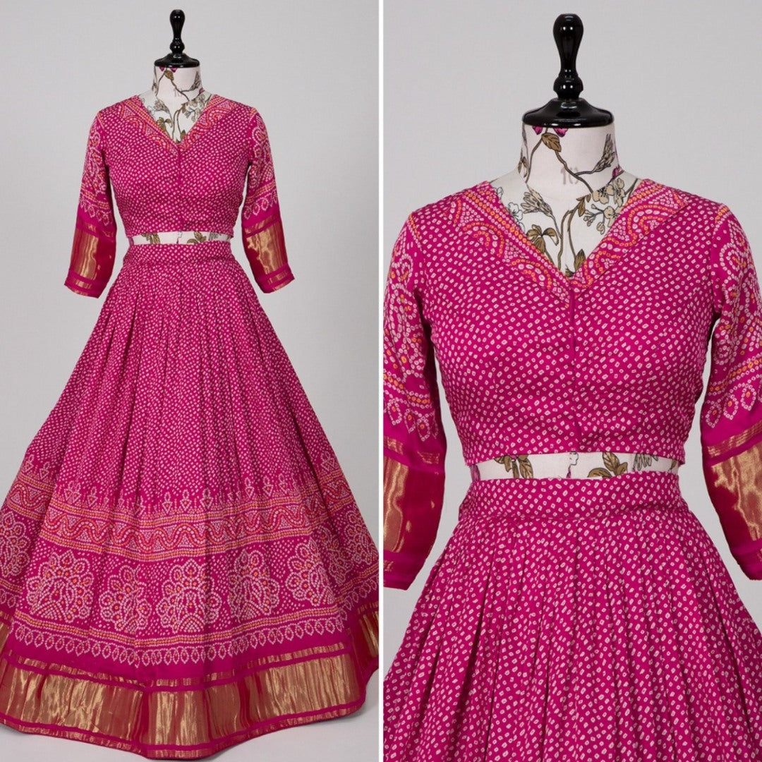 Pink gaji silk bandhni printed designer navratri lehenga choli