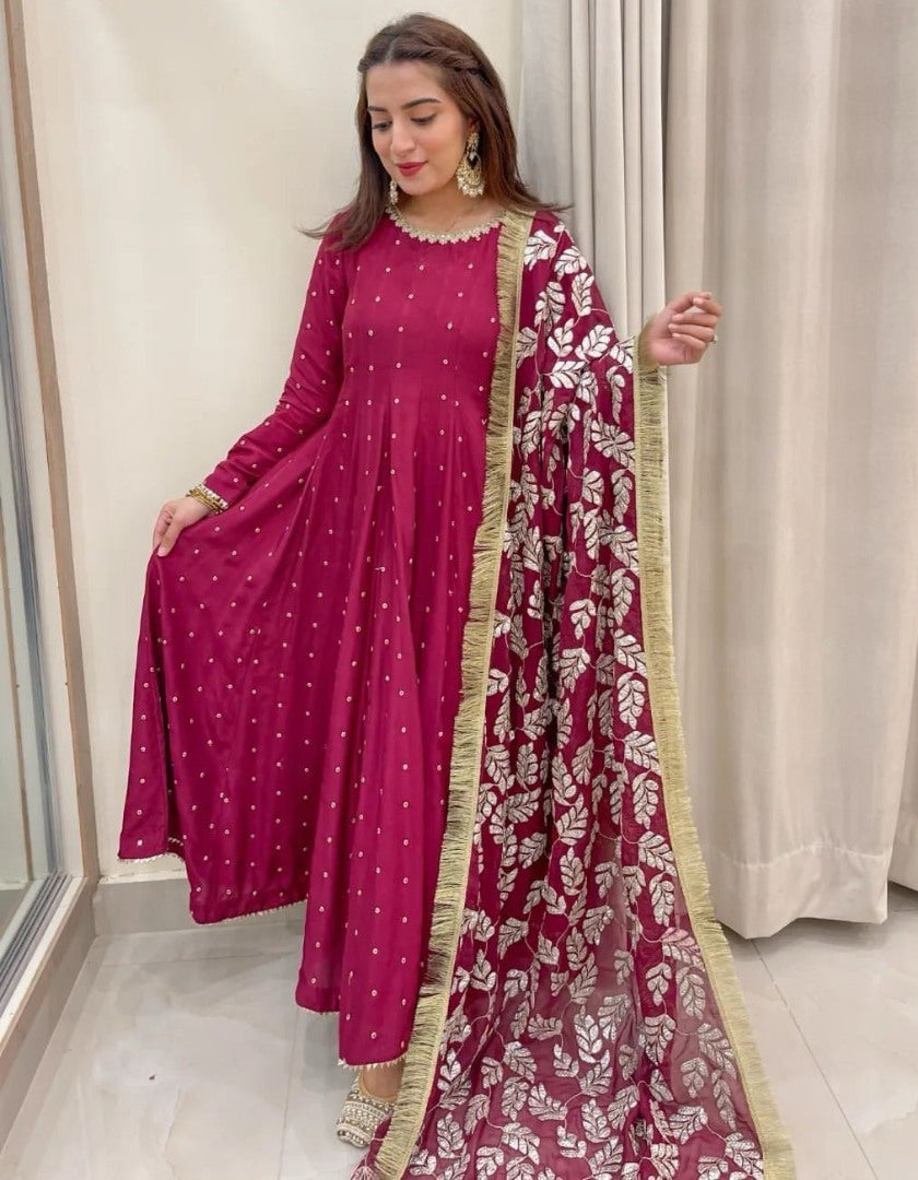 Pink georgette anarkali suit with heavy work dupatta