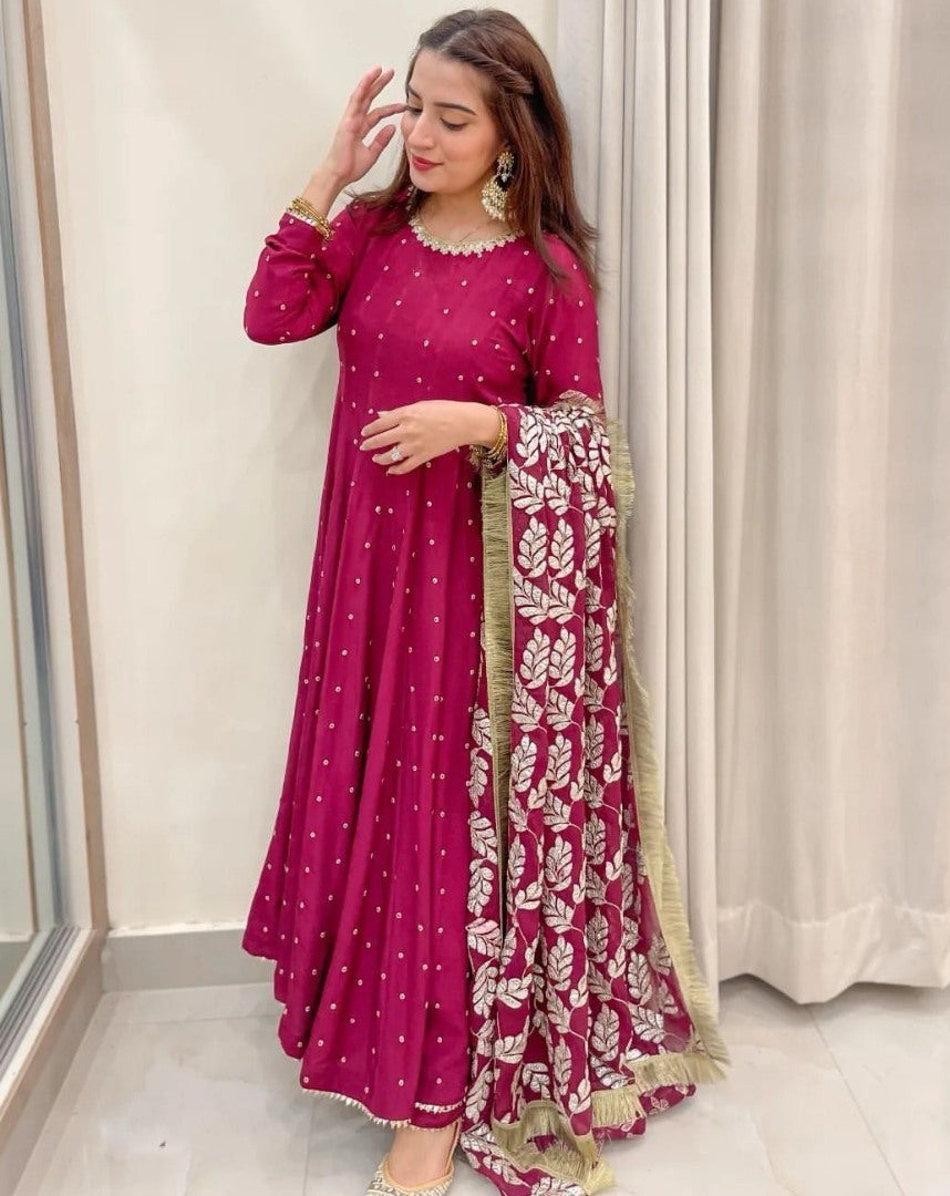 Pink georgette anarkali suit with heavy work dupatta