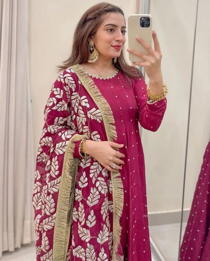 Pink georgette anarkali suit with heavy work dupatta