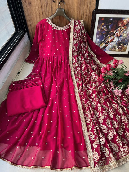 Pink georgette anarkali suit with heavy work dupatta
