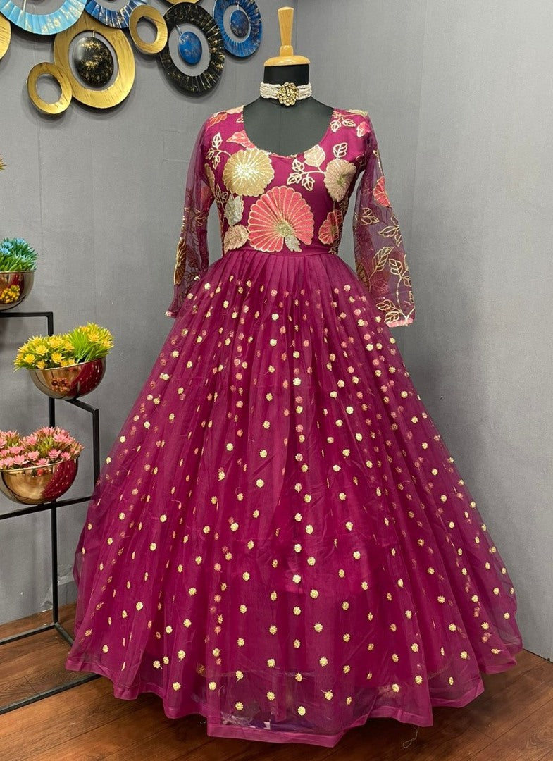 Pink georgette and soft net embroidered gown