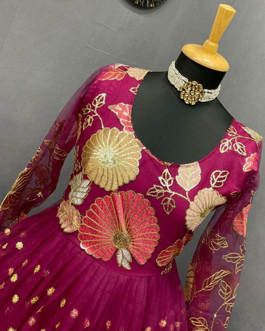 Pink georgette and soft net embroidered gown