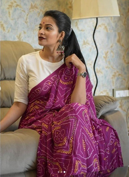Pink georgette bandhani print traditional saree