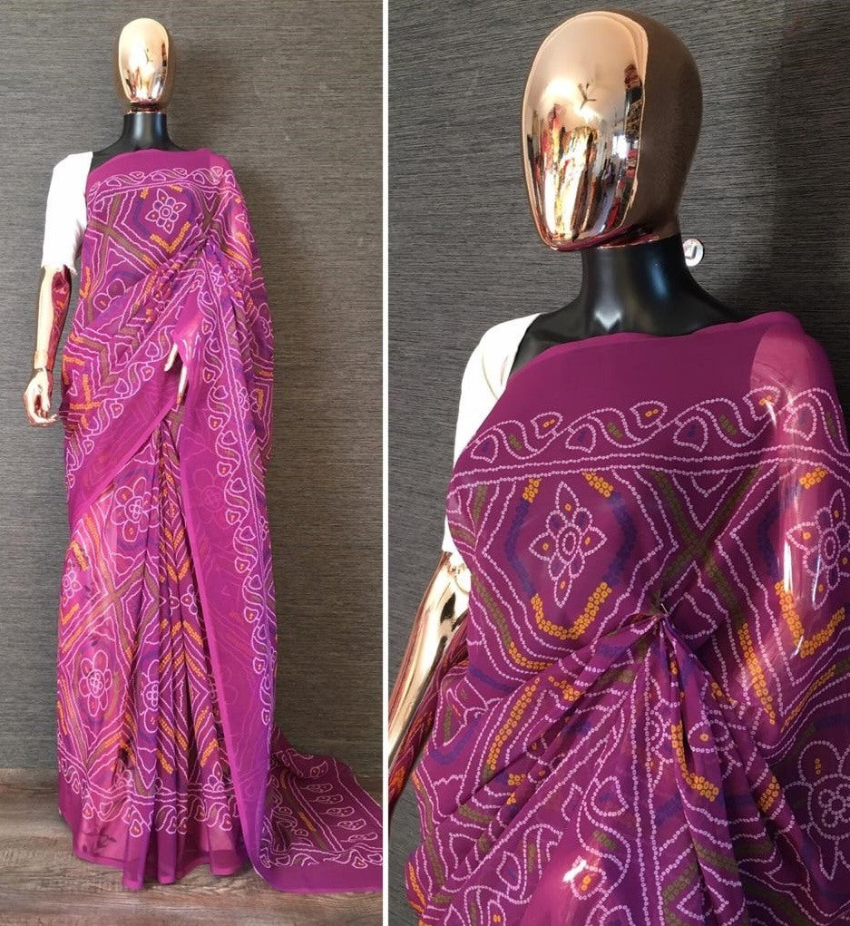 Pink georgette bandhani print traditional saree