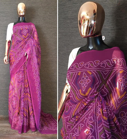 Pink georgette bandhani print traditional saree