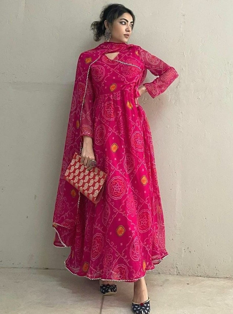 Pink georgette bandhni print casual ethnic gown