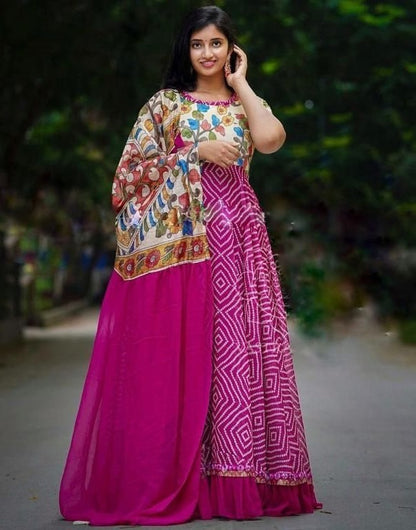 Pink georgette bandhni print long anarkali gown