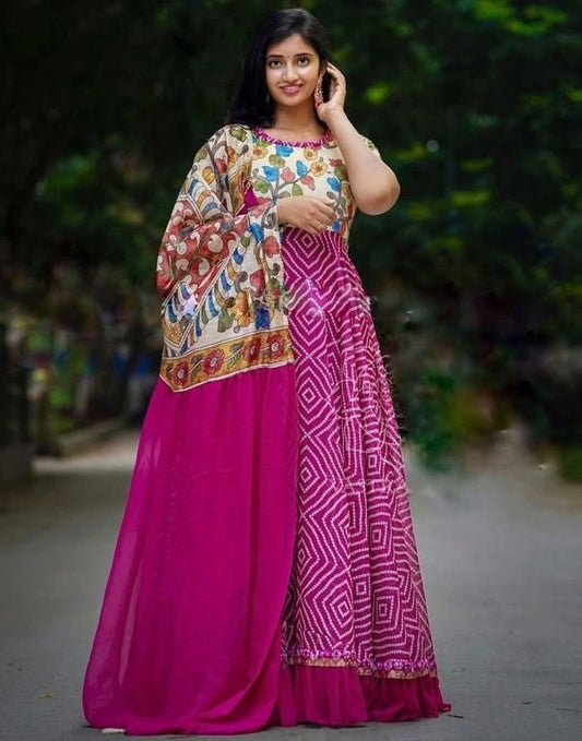 Pink georgette bandhni print long anarkali gown