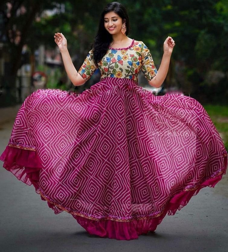Pink georgette bandhni print long anarkali gown