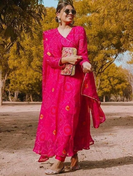 Pink georgette bandhni printed anarkali suit